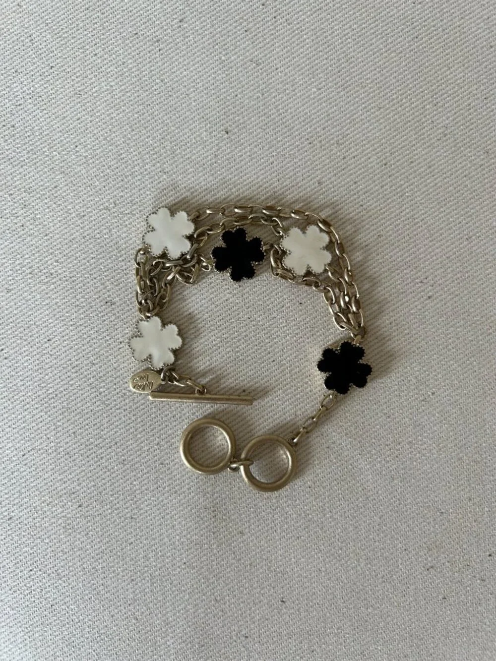 Cookie Lee Silver Clover Toggle Charm Bracelet Black White - NWT